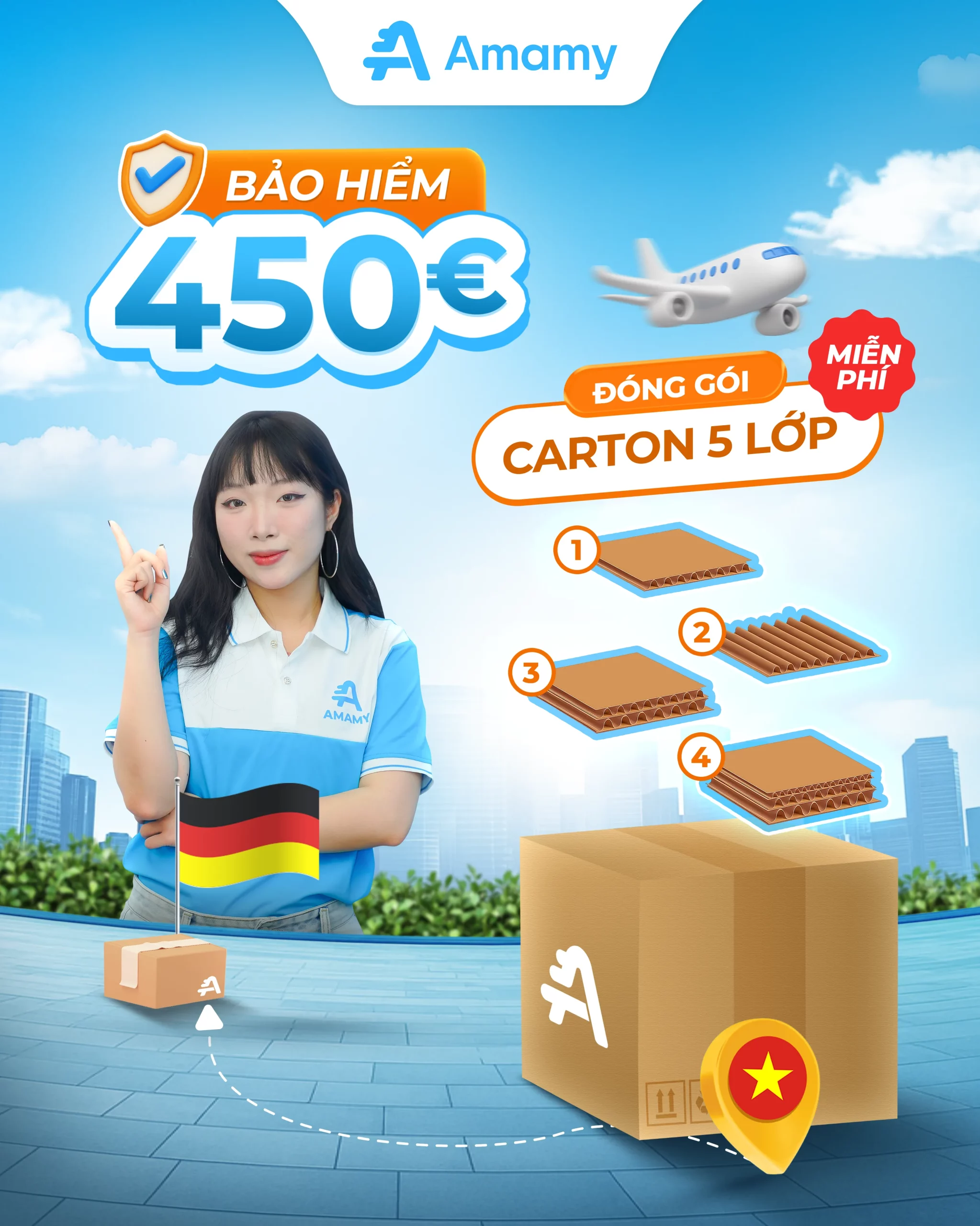 Đóng gói 5 lớp – bảo hiểm đến 450€